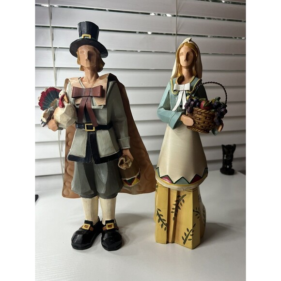 Vintage Rare Wood-Resin Thanksgiving Pilgrim Figurine Man& Woman Couple 13 tall - Picture 1 of 11